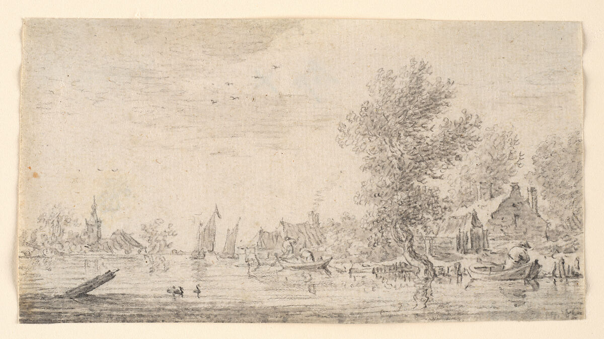 Village on a River, Follower of Jan van Goyen (Dutch, Leiden 1596–1656 The Hague), Black chalk and gray wash. 