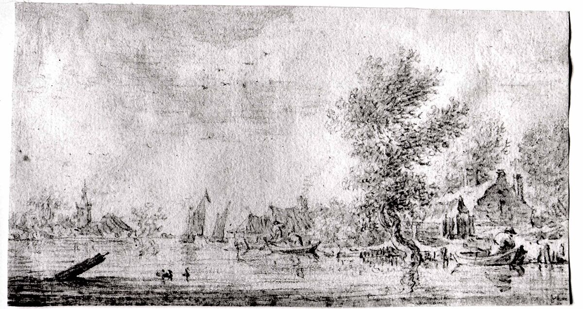 Village on a River, Follower of Jan van Goyen (Dutch, Leiden 1596–1656 The Hague), Black chalk and gray wash.