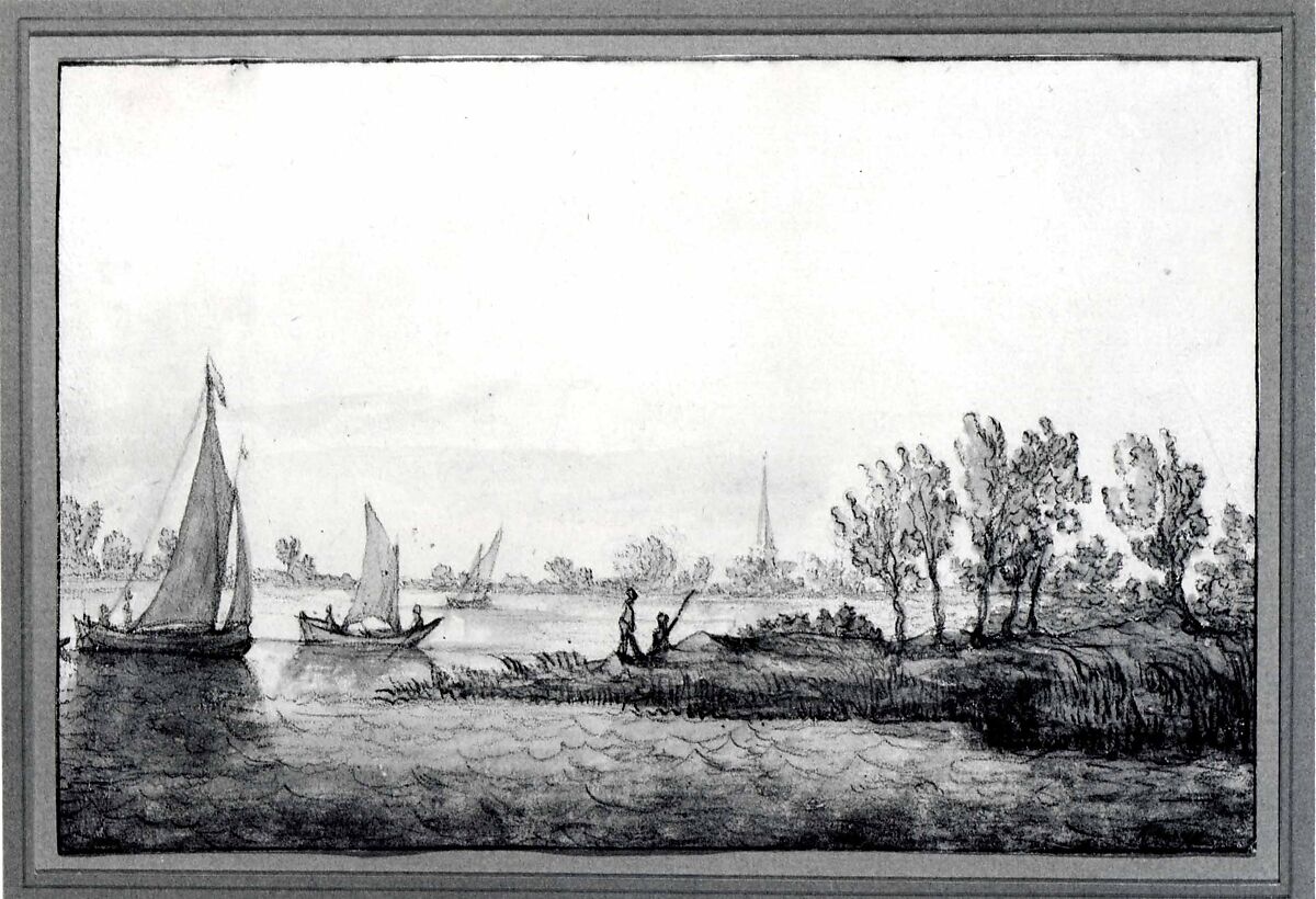 River Landscape with Sailboats, Aelbert Cuyp (Dutch, Dordrecht 1620–1691 Dordrecht), Black chalk and gray, yellow, and grayish green wash; traces of a colorless varnishlike substance (probably gum arabic) on the grayish green wash toward the right; brown framing lines at the top and bottom and dark brown framing lines at the sides.