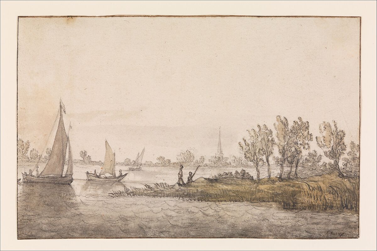River Landscape with Sailboats, Aelbert Cuyp  Dutch, Black chalk and gray, yellow, and grayish green wash; traces of a colorless varnishlike substance (probably gum arabic) on the grayish green wash toward the right; brown framing lines at the top and bottom and dark brown framing lines at the sides.