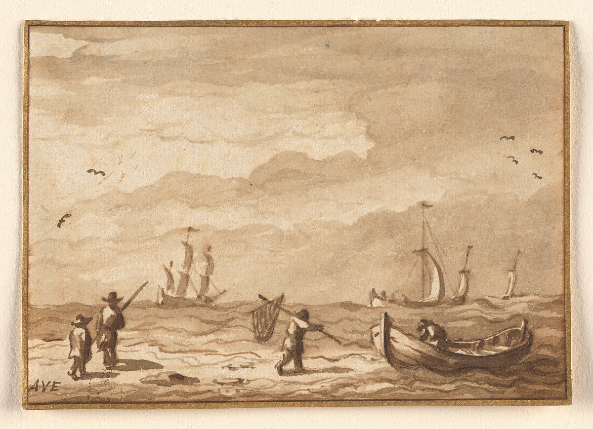 Fishing Boats and a Man with a Net, Allart van Everdingen (Dutch, Alkmaar 1621–1675 Amsterdam), Brush and brown ink 