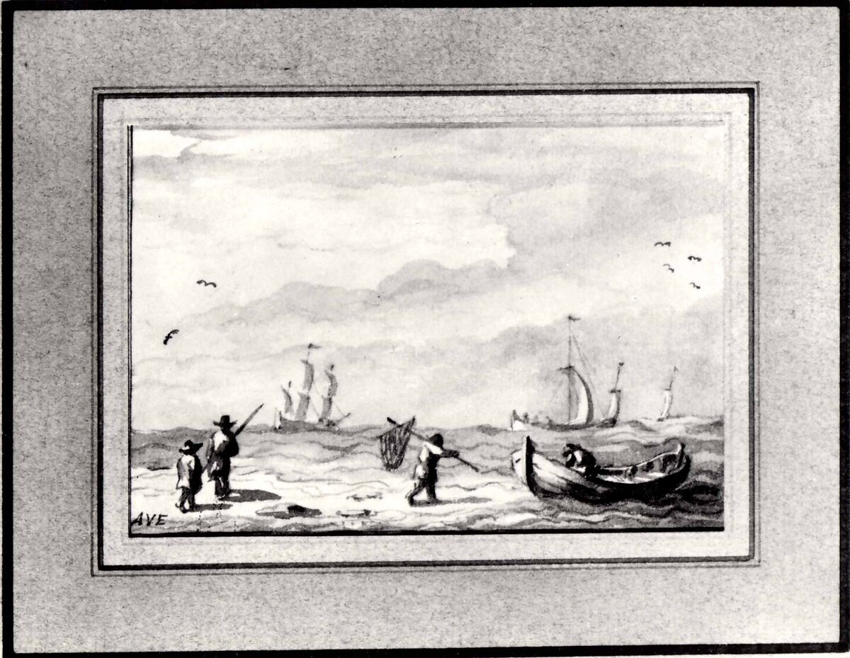 Fishing Boats and a Man with a Net, Allart van Everdingen (Dutch, Alkmaar 1621–1675 Amsterdam), Brush and brown ink