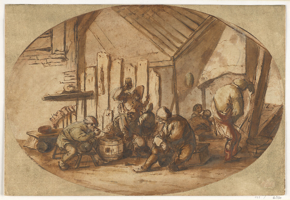 Peasants Carousing in a Barn, Style of Adriaen van Ostade (Dutch, Haarlem 1610–1685 Haarlem), Pen and brown ink and brown, gray, and reddish brown wash over black chalk. 
