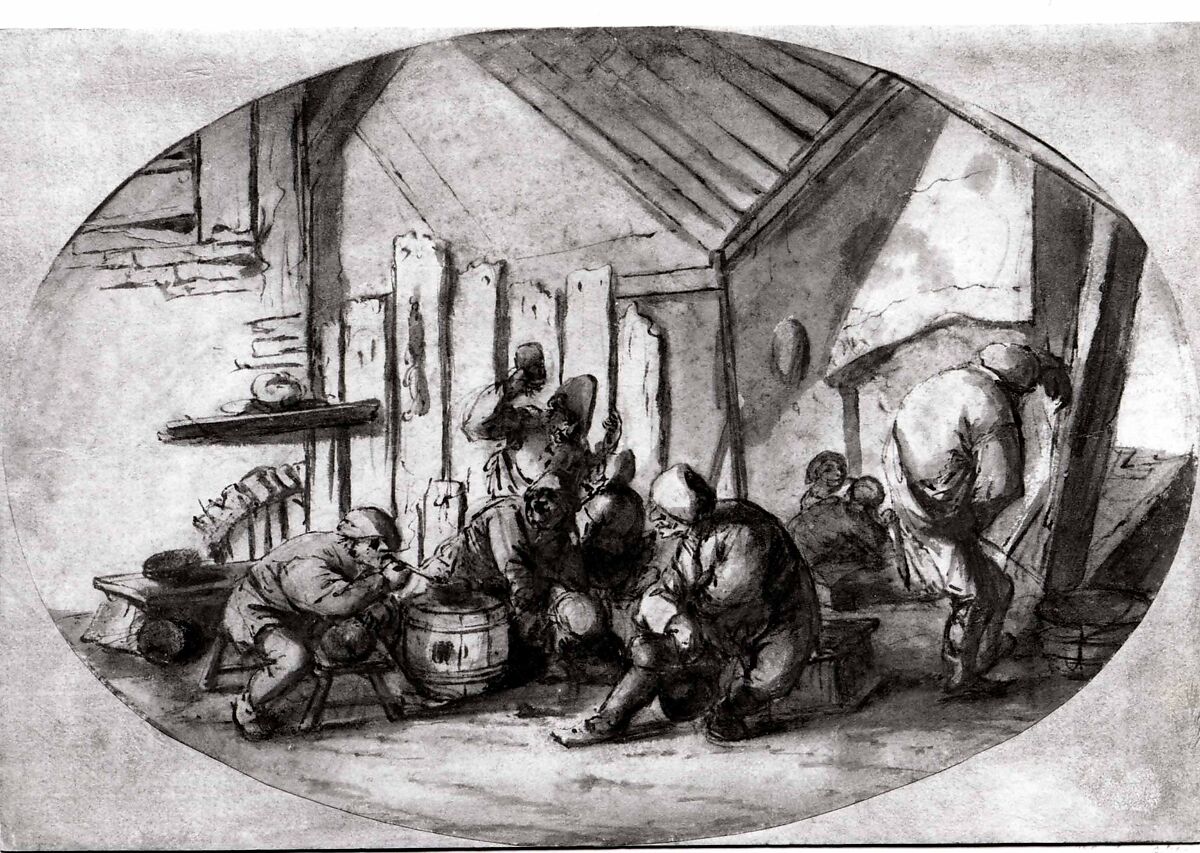 Peasants Carousing in a Barn, Style of Adriaen van Ostade (Dutch, Haarlem 1610–1685 Haarlem), Pen and brown ink and brown, gray, and reddish brown wash over black chalk.