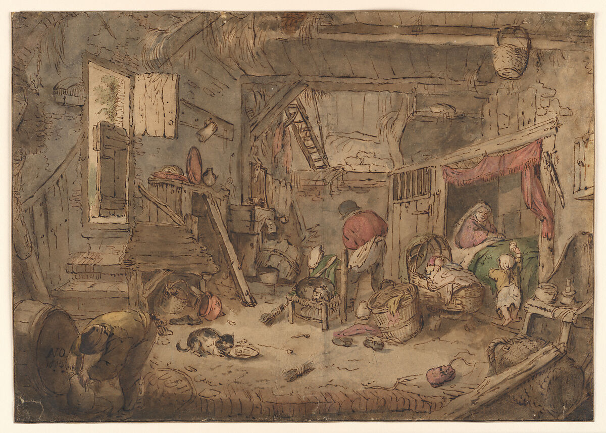 Peasant Family in a Barn, Isaac van Ostade  Dutch, Pen and brown ink, brown and gray wash, and watercolor (mainly brown, gray, red, green, yellow) over traces of black chalk.