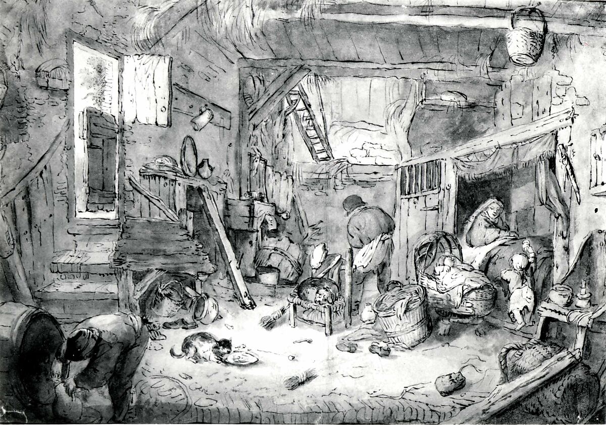 Peasant Family in a Barn, Copy after Isaac van Ostade (Dutch, Haarlem 1621–1649 Haarlem), Pen and brown ink, brown and gray wash, and watercolor (mainly brown, gray, red, green, yellow) over traces of black chalk.