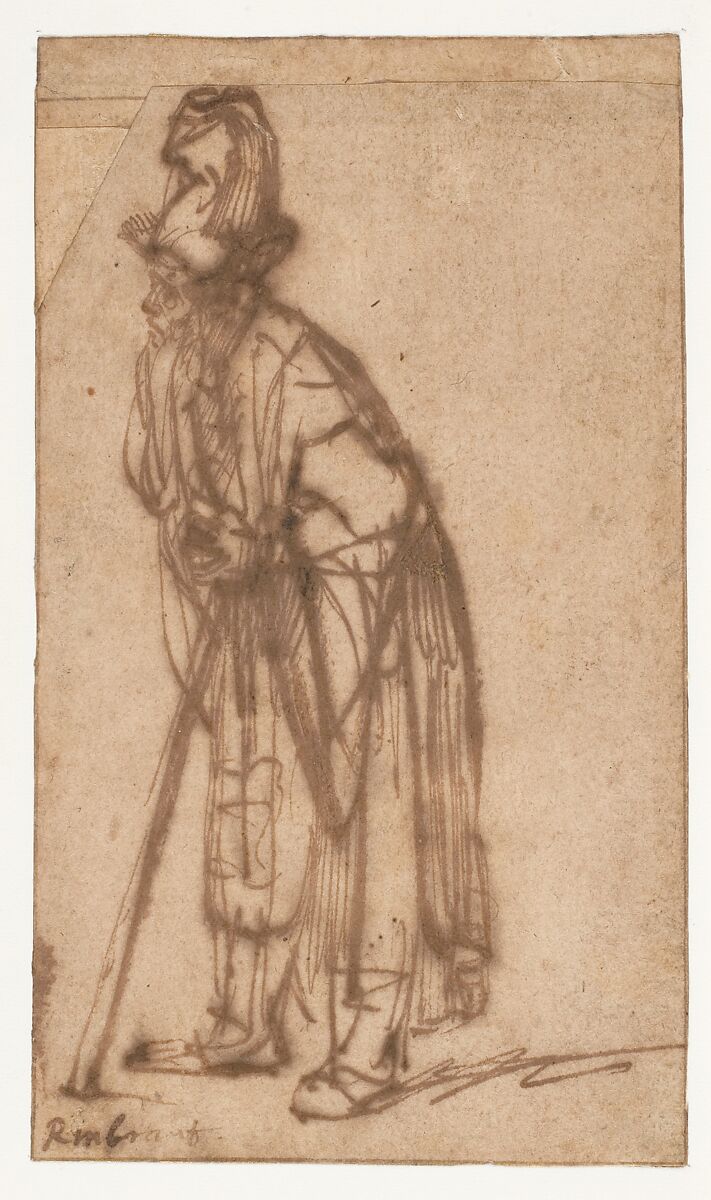 Old Man Leaning on a Stick, Rembrandt (Rembrandt van Rijn) (Dutch, Leiden 1606–1669 Amsterdam), Pen and brown ink 