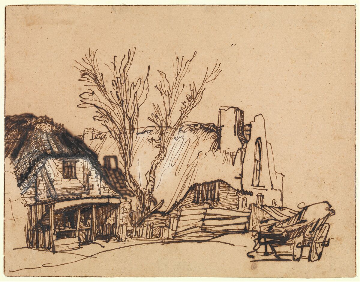 Two Cottages, Rembrandt (Rembrandt van Rijn) (Dutch, Leiden 1606–1669 Amsterdam), Pen and brown ink (gallnut ink, possibly only partially), corrected with white chalk and/or body color. 