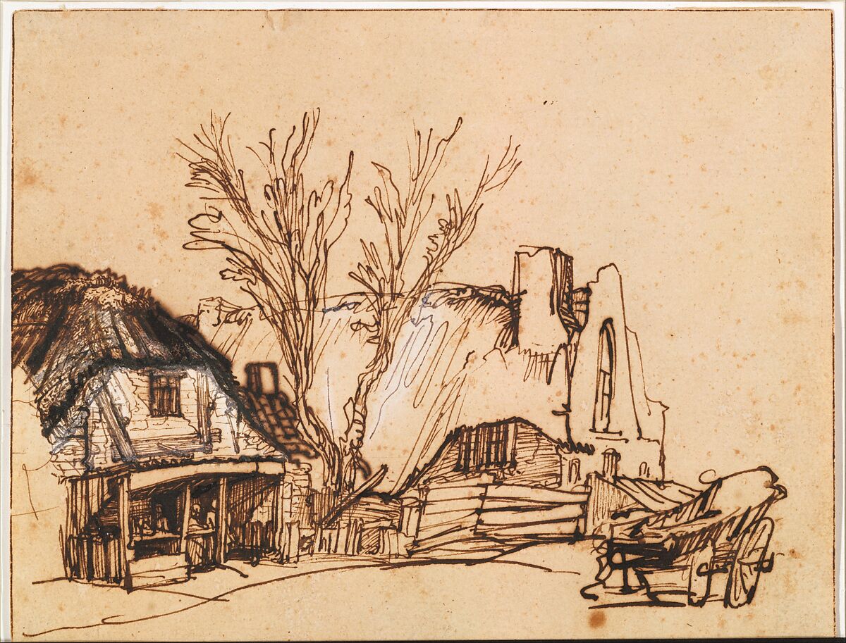 Two Cottages, Rembrandt (Rembrandt van Rijn) (Dutch, Leiden 1606–1669 Amsterdam), Pen and brown ink (gallnut ink, possibly only partially), corrected with white chalk and/or body color.