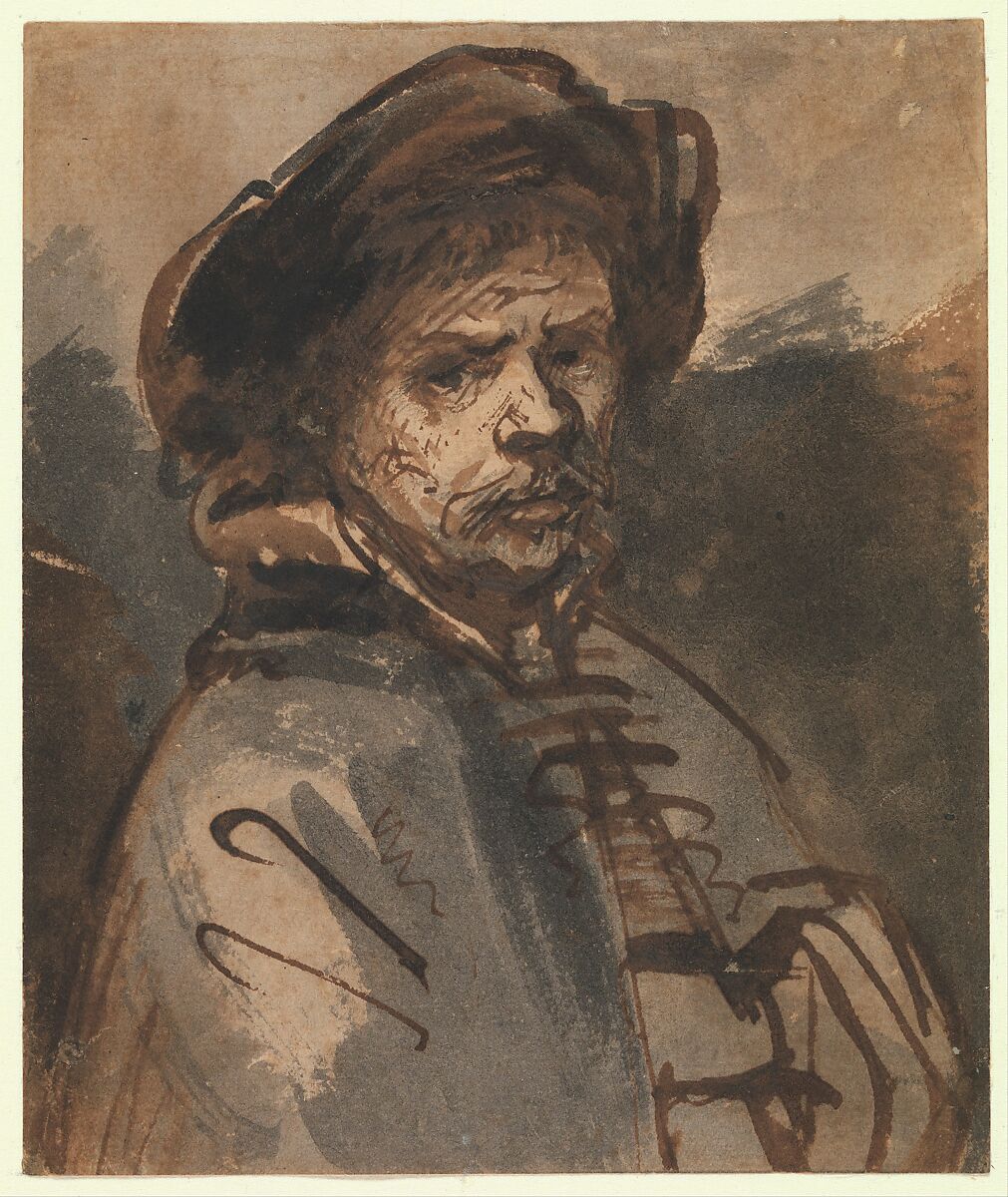 Self-Portrait, Rembrandt (Rembrandt van Rijn) (Dutch, Leiden 1606–1669 Amsterdam) (reworked by another hand), Pen and brown ink, brush and brown and gray ink, brown and gray washes. 