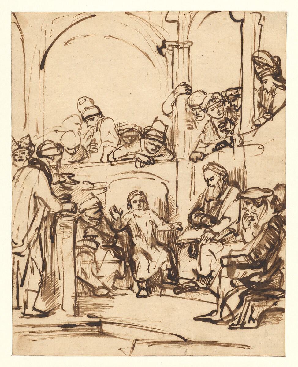 Christ among the Doctors, Nicolaes Maes (Dutch, Dordrecht 1634–1693 Amsterdam), Pen and brush and brown ink. 