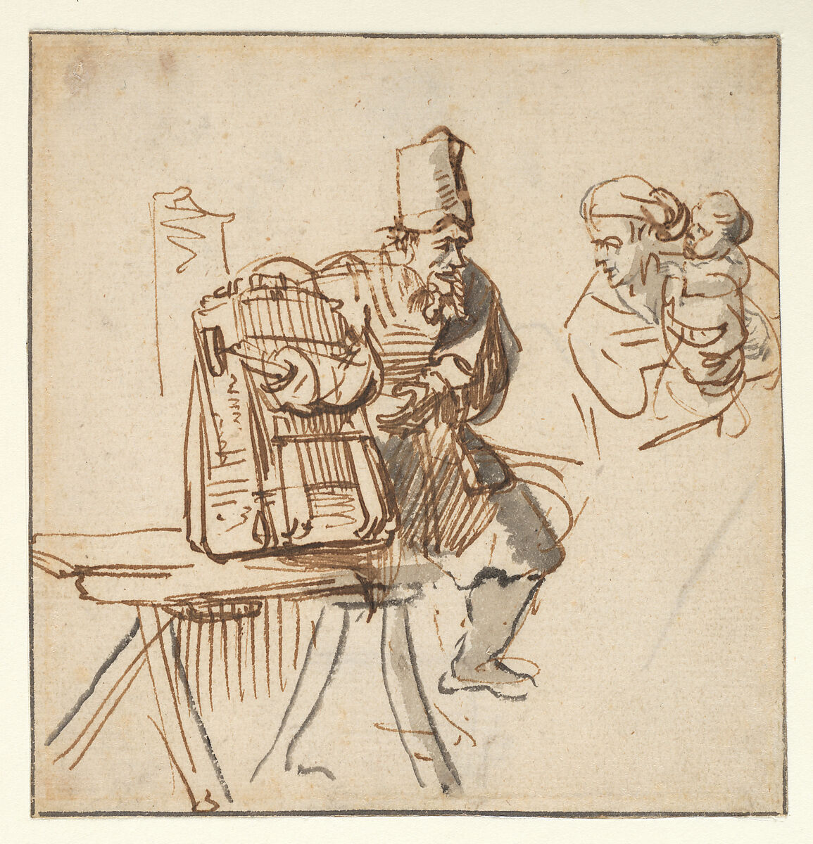 A Hawker Showing an Animal in a Cage to a Woman and Her Child, School of Rembrandt van Rijn (Dutch, 1606–1669), Reed pen and brown ink, pen and gray washes; verso in pen and dark brown ink., Dutch 
