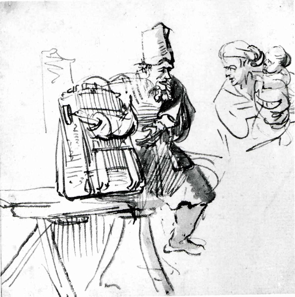 A Hawker Showing an Animal in a Cage to a Woman and Her Child, School of Rembrandt van Rijn (Dutch, 1606–1669), Reed pen and brown ink, pen and gray washes; verso in pen and dark brown ink., Dutch