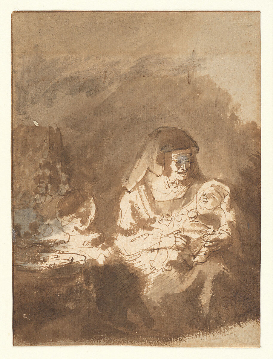 Old Woman with a Baby in her Arms, School of Rembrandt van Rijn (Dutch, 1606–1669), Pen and brown ink, with wash in three shades of brown and gray., Dutch 