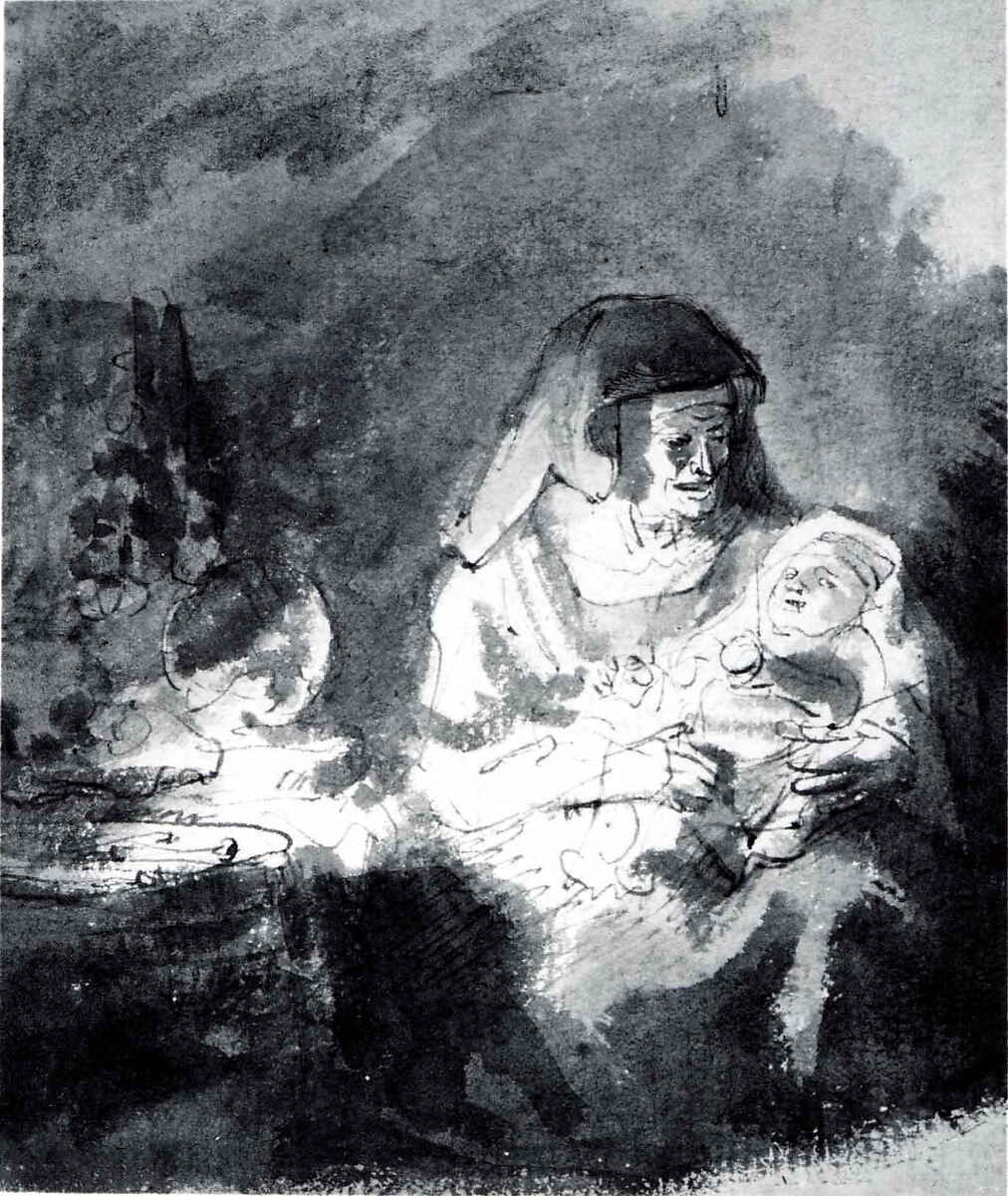 Old Woman with a Baby in her Arms, School of Rembrandt van Rijn (Dutch, 1606–1669), Pen and brown ink, with wash in three shades of brown and gray., Dutch