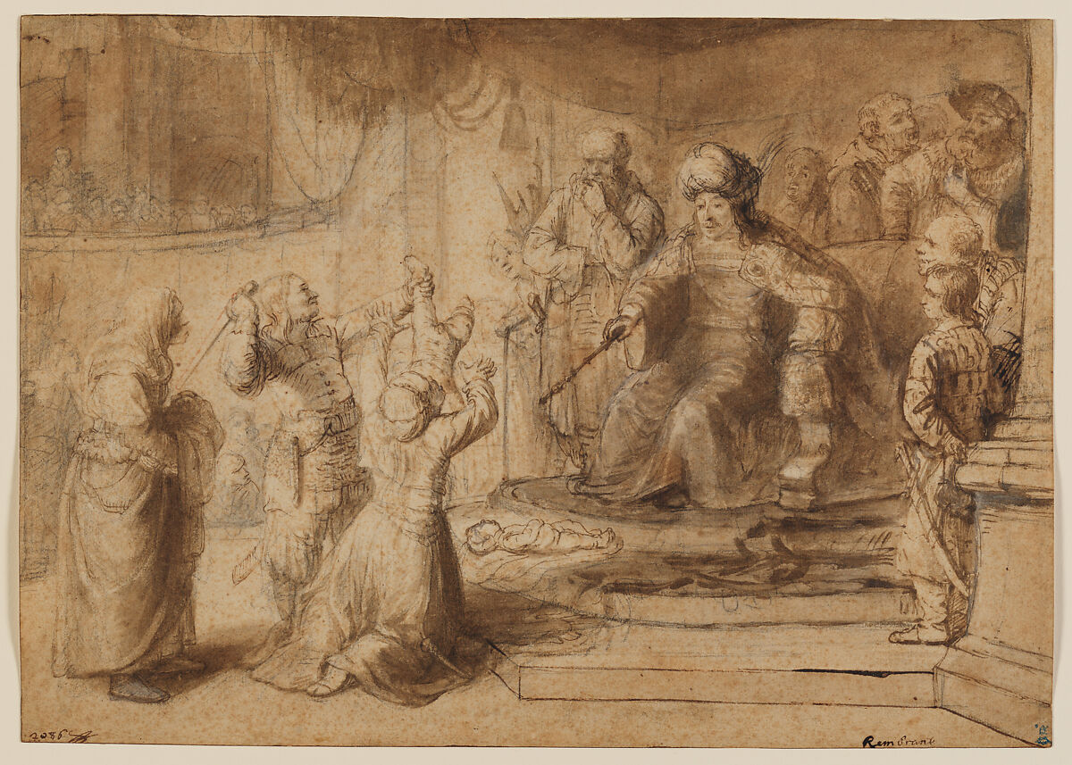 The Judgment of Solomon, Constantijn Daniel van Renesse (Maarsen 1626–Eindhoven 1680), Pen and brush and brown ink, brown wash, over black chalk, with traces of corrections in white. 