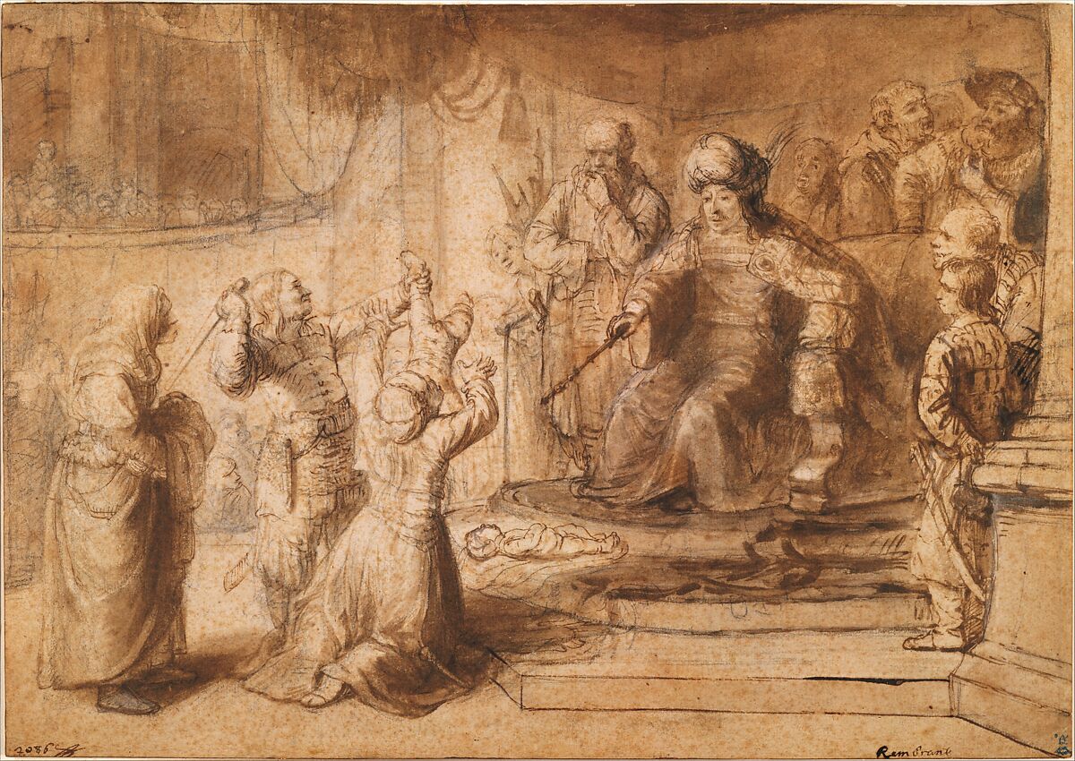The Judgment of Solomon, Constantijn Daniel van Renesse (Maarsen 1626–Eindhoven 1680), Pen and brush and brown ink, brown wash, over black chalk, with traces of corrections in white.