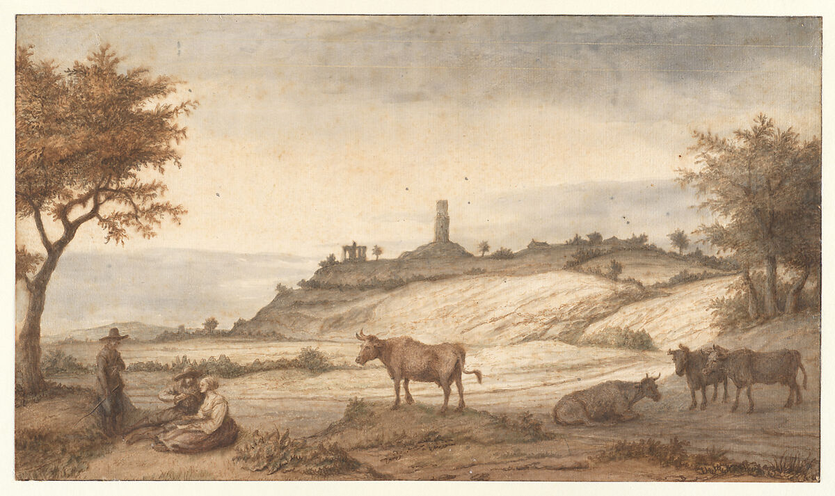 The Monterberg Seen from Kalkar, Lambert Doomer  Dutch, Pen and brown ink, brush and washes in brownish, grayish and greenish tints, on ledger paper with two horizontal red lines printed near the upper border.