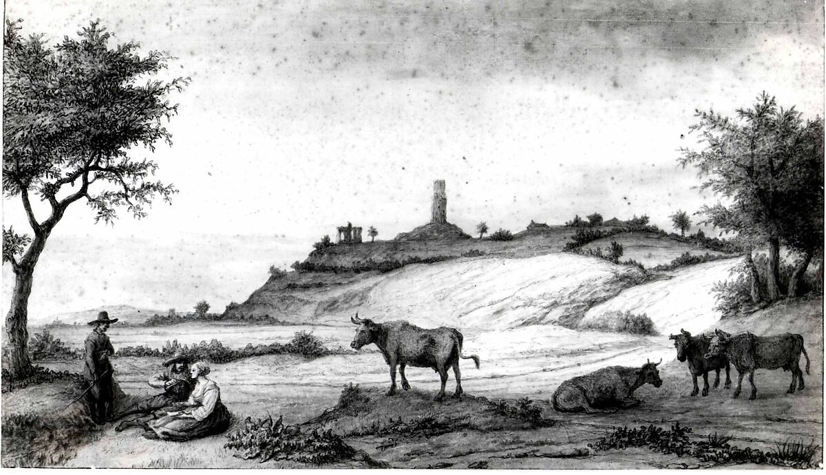 The Monterberg Seen from Kalkar, Lambert Doomer (Dutch, Amsterdam 1624–1700 Amsterdam), Pen and brown ink, brush and washes in brownish, grayish and greenish tints, on ledger paper with two horizontal red lines printed near the upper border.
