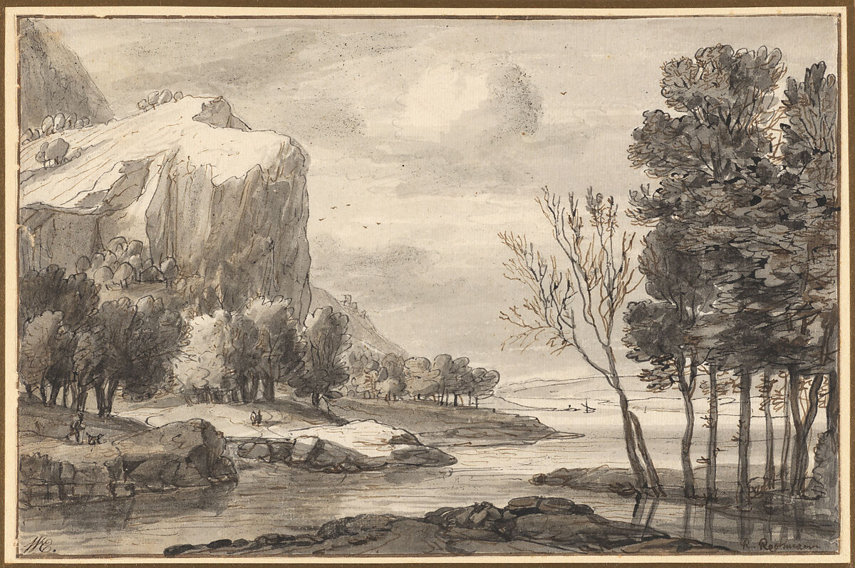 River Landscape with Rocky Cliffs, Roelant Roghman (Dutch, Amsterdam 1627–1692 Amsterdam), Pen and brush and washes in tints of brown and gray ink over black chalk; framing line in pen and brown ink probably by the artist. 