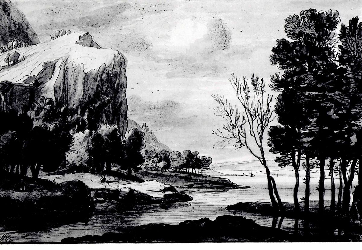 River Landscape with Rocky Cliffs, Roelant Roghman (Dutch, Amsterdam 1627–1692 Amsterdam), Pen and brush and washes in tints of brown and gray ink over black chalk; framing line in pen and brown ink probably by the artist.