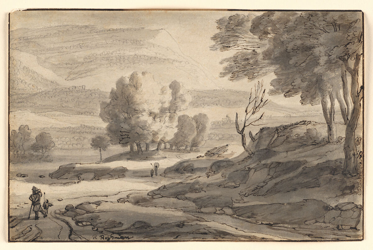 Mountainous River Landscape with Figures, Roelant Roghman (Dutch, Amsterdam 1627–1692 Amsterdam), Pen and dark brown ink, brush and light brown ink and grayish brown wash over black chalk; framing line in pen and brown ink probably by the artist. 