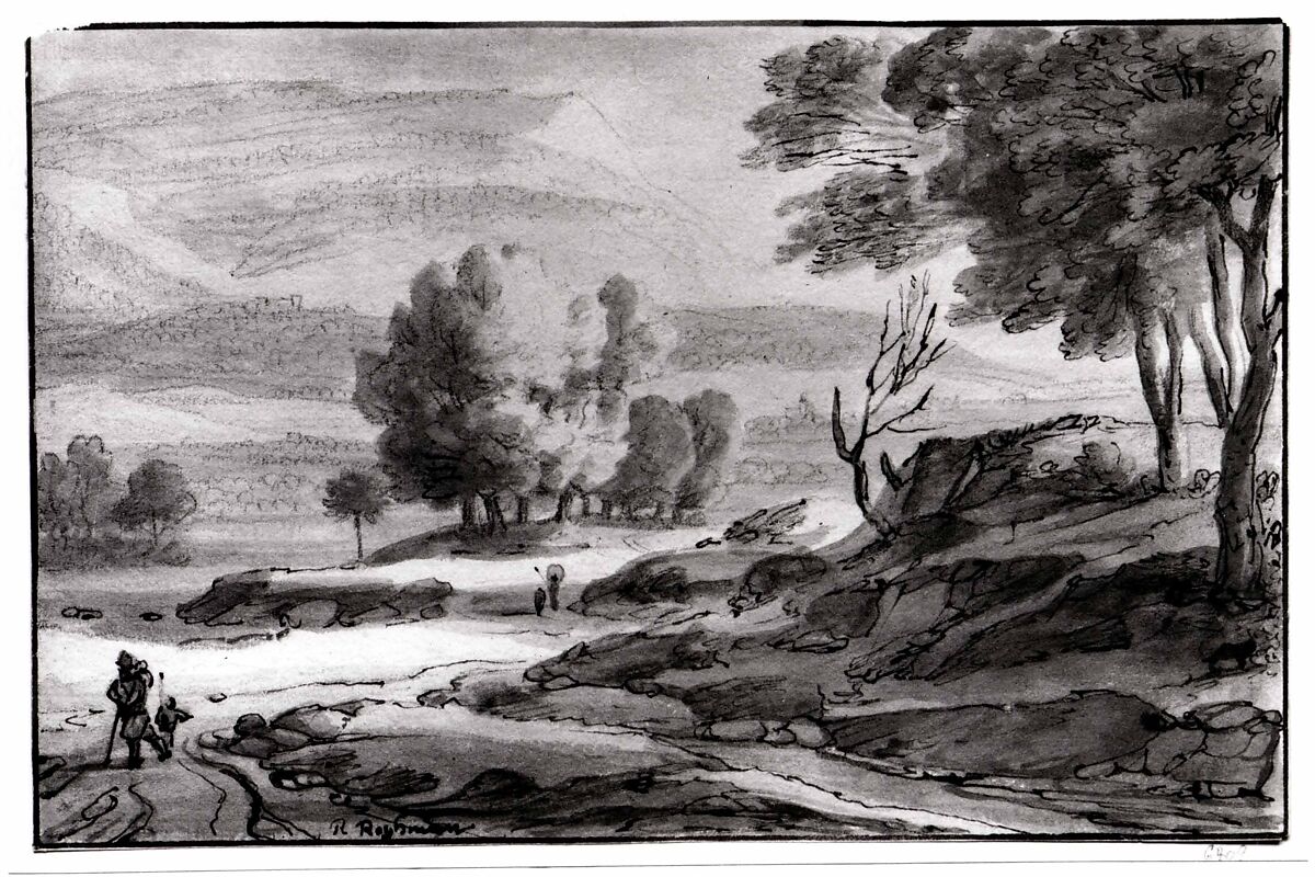 Mountainous River Landscape with Figures, Roelant Roghman (Dutch, Amsterdam 1627–1692 Amsterdam), Pen and dark brown ink, brush and light brown ink and grayish brown wash over black chalk; framing line in pen and brown ink probably by the artist.