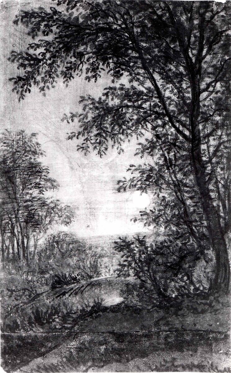 Landscape by Moonlight, Anthonie Waterloo (Dutch, Lille 1609–1690 Utrecht), Black chalk and brush and black ink with gray and grayish black wash heightened with white.