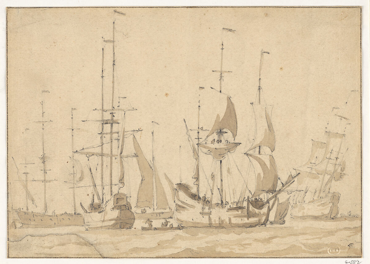 Dutch Merchant Ships at Anchor or under Easy Sail in a Moderate Breeze, Willem van de Velde I (Dutch, Leiden 1611–1693 London) (and another hand), Pencil, brush and grayish brown wash 