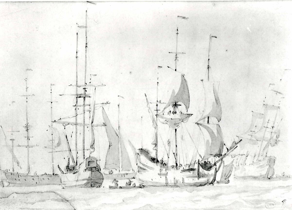 Dutch Merchant Ships at Anchor or under Easy Sail in a Moderate Breeze, Willem van de Velde I (Dutch, Leiden 1611–1693 London) (and another hand), Pencil, brush and grayish brown wash