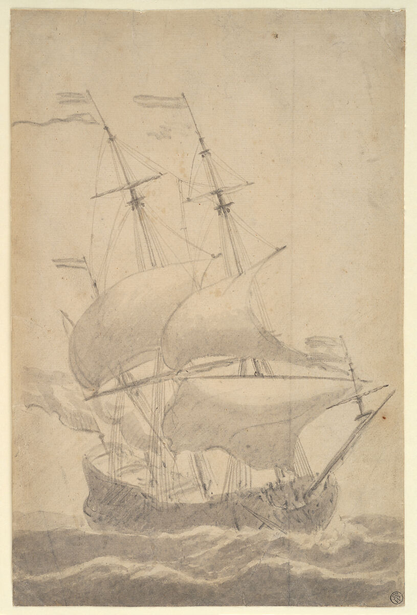 A Dutch Ship in a Strong Breeze, Willem van de Velde I (Dutch, Leiden 1611–1693 London) (and another hand), Brush and gray ink and gray wash over preliminary drawing in pencil. 