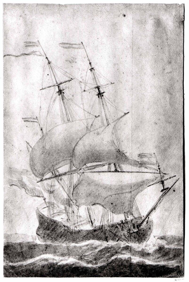 A Dutch Ship in a Strong Breeze, Willem van de Velde I (Dutch, Leiden 1611–1693 London) (and another hand), Brush and gray ink and gray wash over preliminary drawing in pencil.