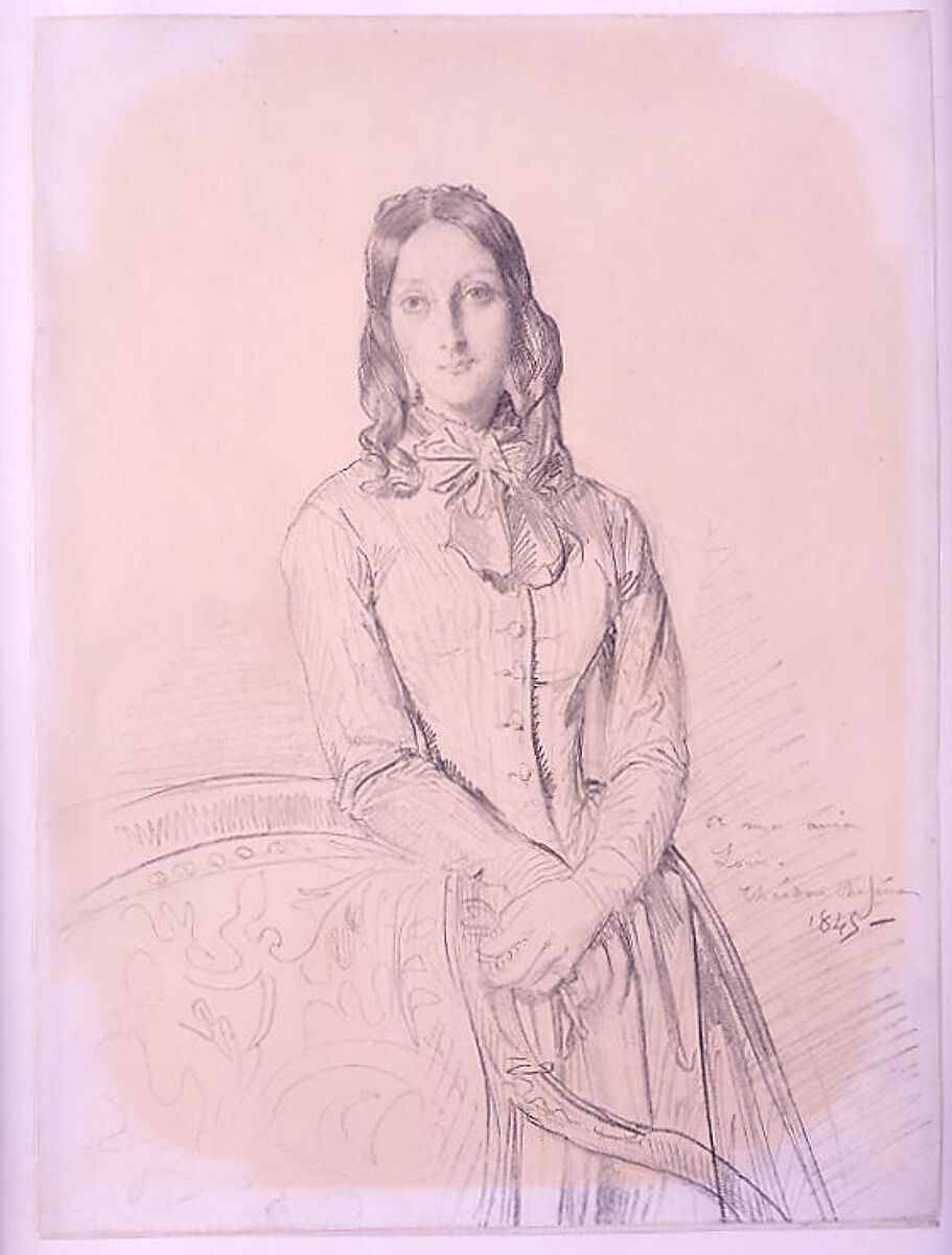 Portrait of Madame Gabrielle Marcotte de Quivières, Théodore Chassériau (French, Le Limon, Saint-Domingue, West Indies 1819–1856 Paris), Graphite on white wove paper darkened to buff, mounted on stiff paper