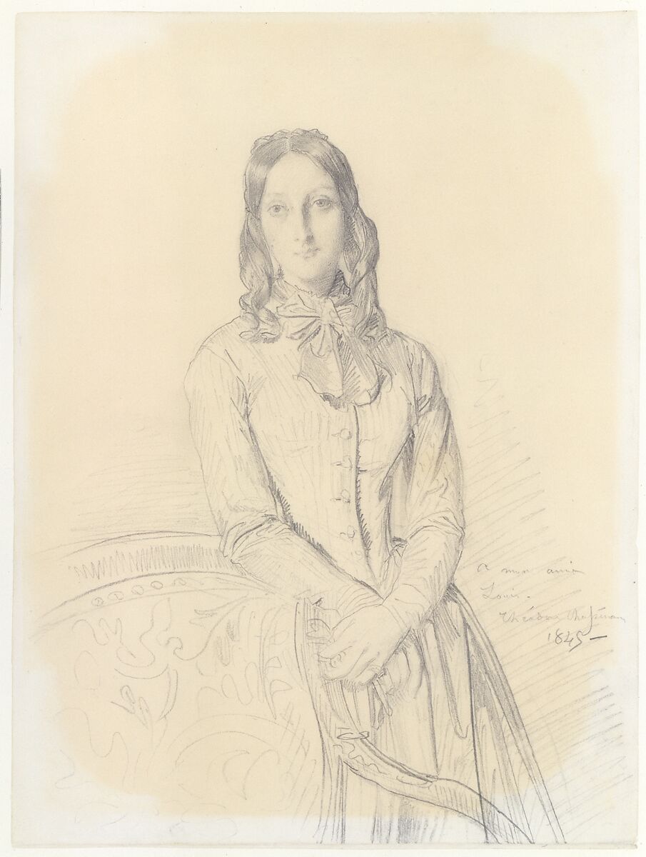 Portrait of Madame Gabrielle Marcotte de Quivières, Théodore Chassériau  French, Graphite on white wove paper darkened to buff, mounted on stiff paper