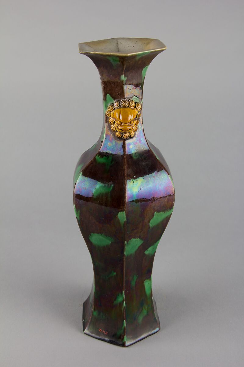 Hexagonal vase with lion-head handles, Biscuit with polychrome enamels (Jingdezhen ware), China