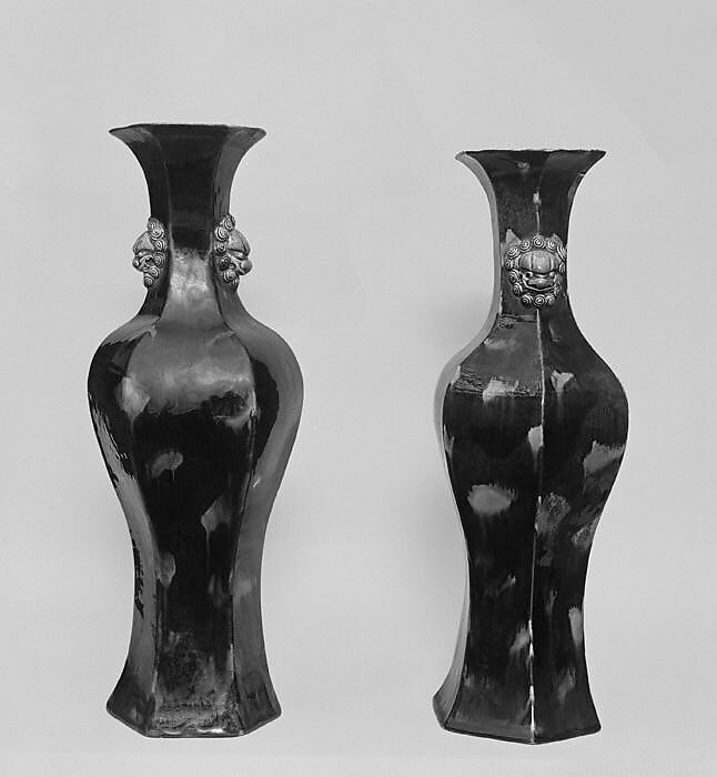 Hexagonal vase with lion-head handles, Biscuit with polychrome enamels (Jingdezhen ware), China