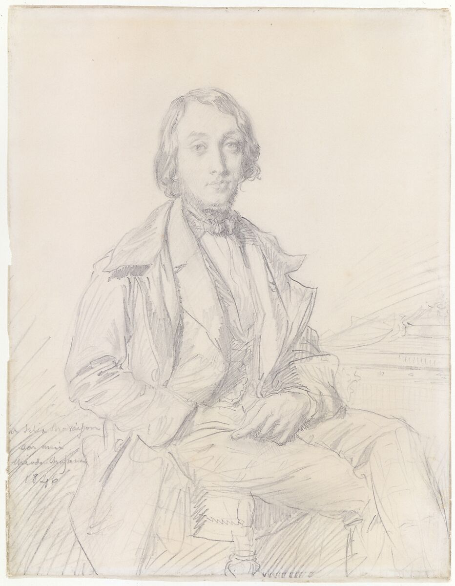 Portrait of Félix Ravaisson, Théodore Chassériau  French, Graphite on white wove paper darkened to buff