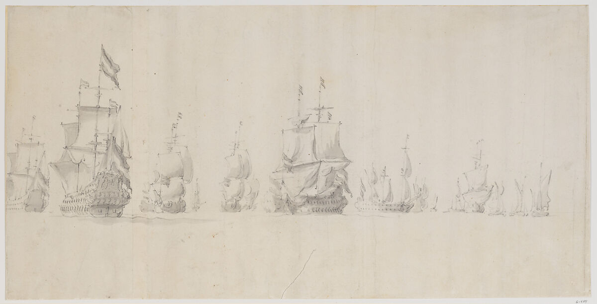 A Dutch Fleet Under Sail at Sea in a Light Breeze, Willem van de Velde I (Dutch, Leiden 1611–1693 London), Pencil and gray wash on two sheets of paper joined 11.5 cm. from the left. 