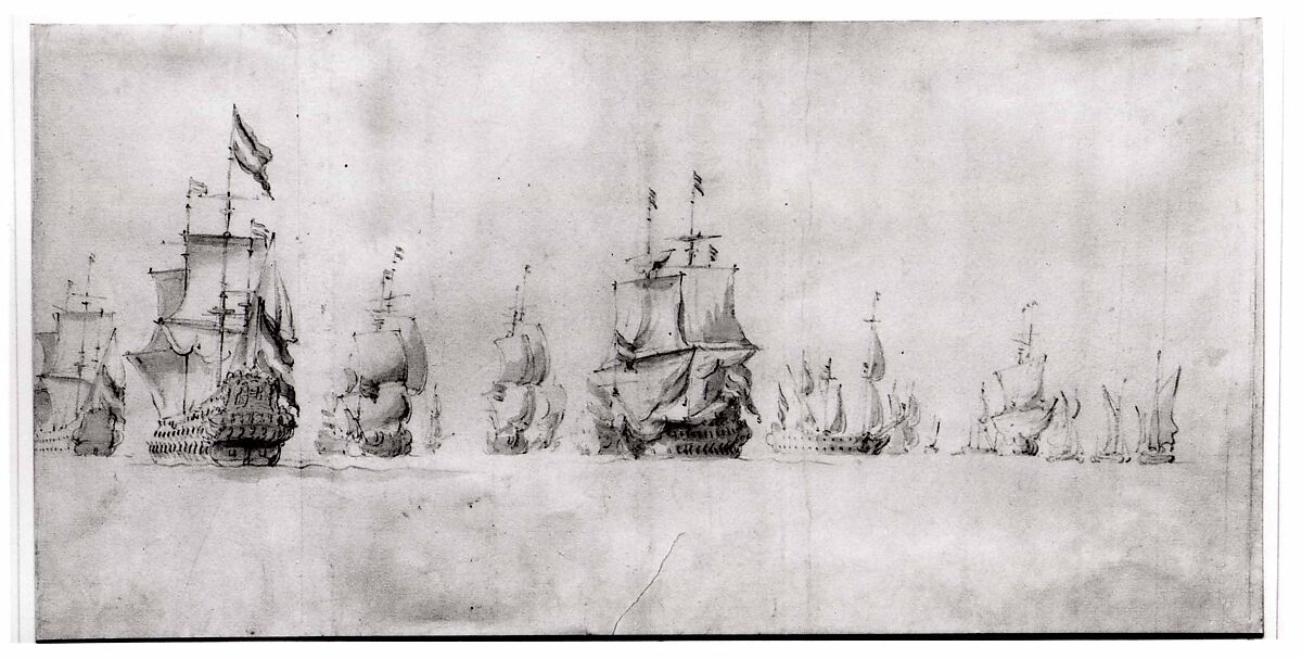 A Dutch Fleet Under Sail at Sea in a Light Breeze, Willem van de Velde I (Dutch, Leiden 1611–1693 London), Pencil and gray wash on two sheets of paper joined 11.5 cm. from the left.