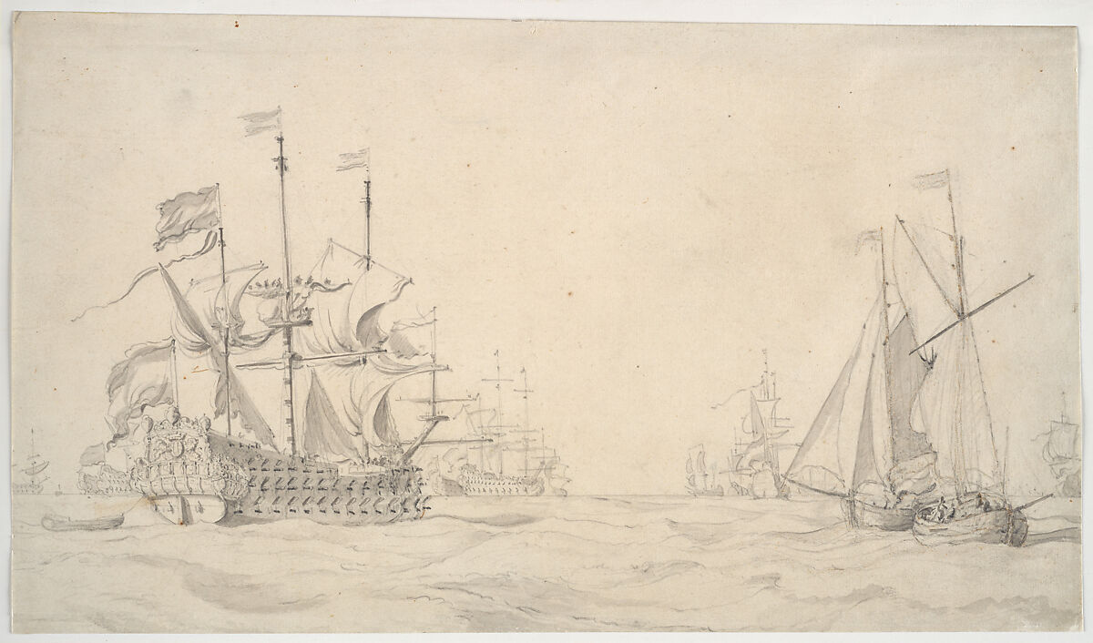 A Large Dutch Ship with a Fleet at Sea and Two Small Vessels, Willem van de Velde I (Dutch, Leiden 1611–1693 London), Pencil, brush and gray ink and gray wash. 