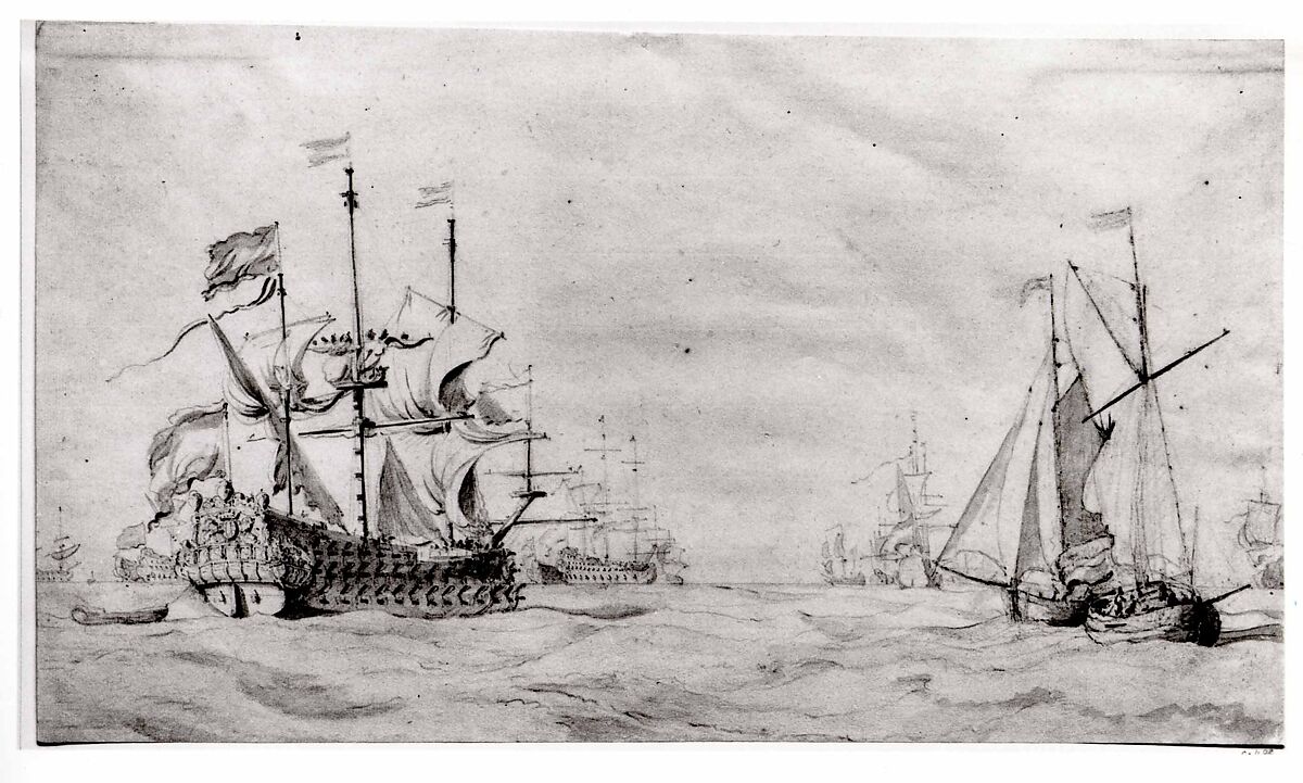 A Large Dutch Ship with a Fleet at Sea and Two Small Vessels, Willem van de Velde I (Dutch, Leiden 1611–1693 London), Pencil, brush and gray ink and gray wash.