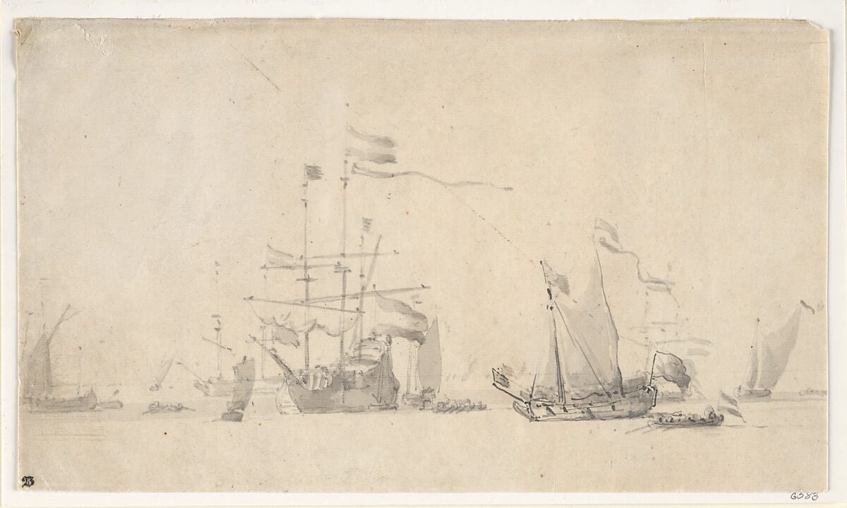 Dutch Ships at Anchor with a Yacht Lying Head to the Wind, Willem van de Velde II (Dutch, Leiden 1633–1707 London), Pencil and brush and gray ink and gray wash. 