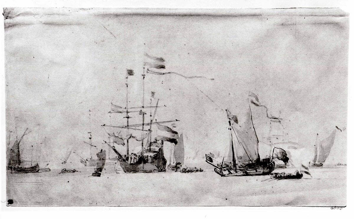 Dutch Ships at Anchor with a Yacht Lying Head to the Wind, Willem van de Velde II (Dutch, Leiden 1633–1707 London), Pencil and brush and gray ink and gray wash.