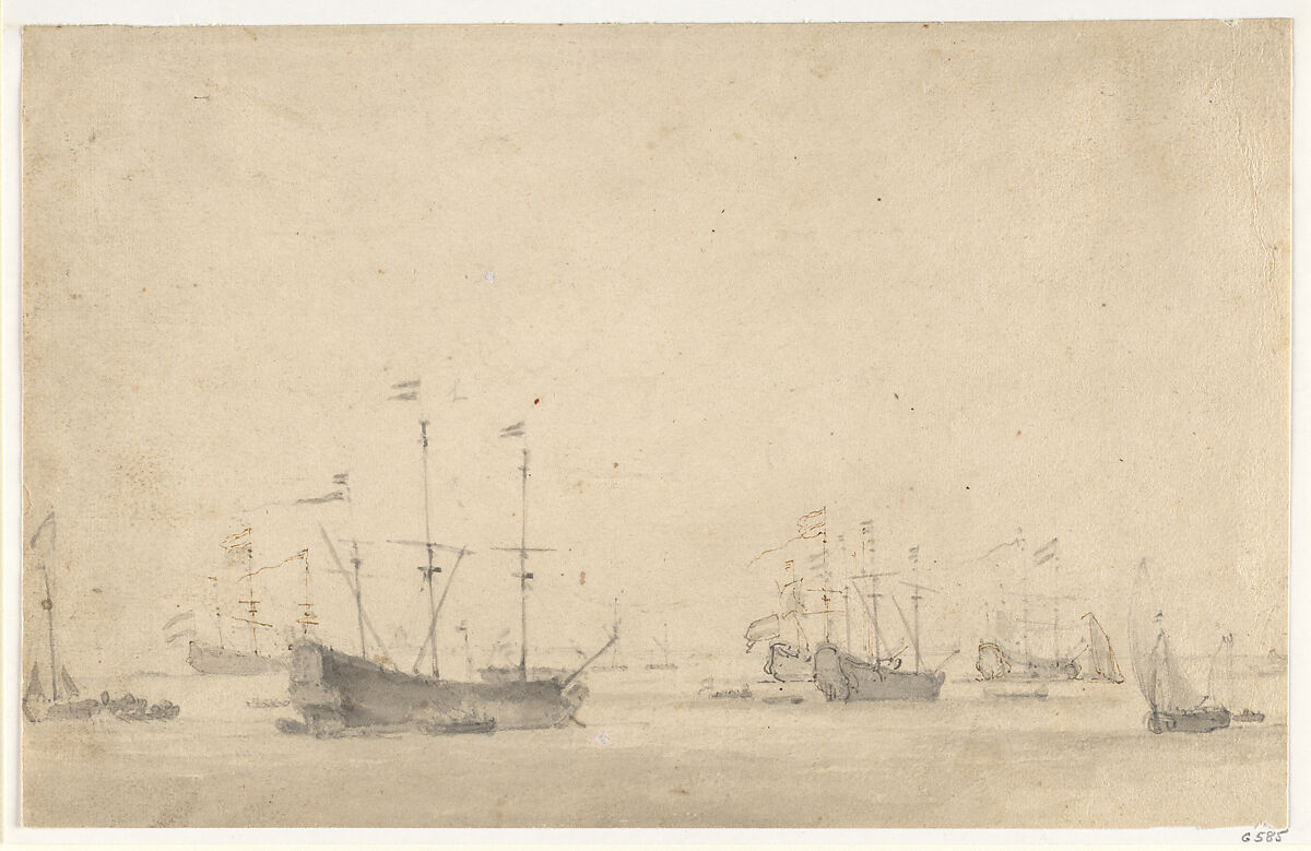 A Dutch Fleet Lying at Anchor, Willem van de Velde II (Dutch, Leiden 1633–1707 London), Pencil, pen and brown ink, brush and gray ink over gray wash 