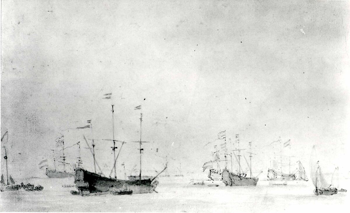 A Dutch Fleet Lying at Anchor, Willem van de Velde II (Dutch, Leiden 1633–1707 London), Pencil, pen and brown ink, brush and gray ink over gray wash