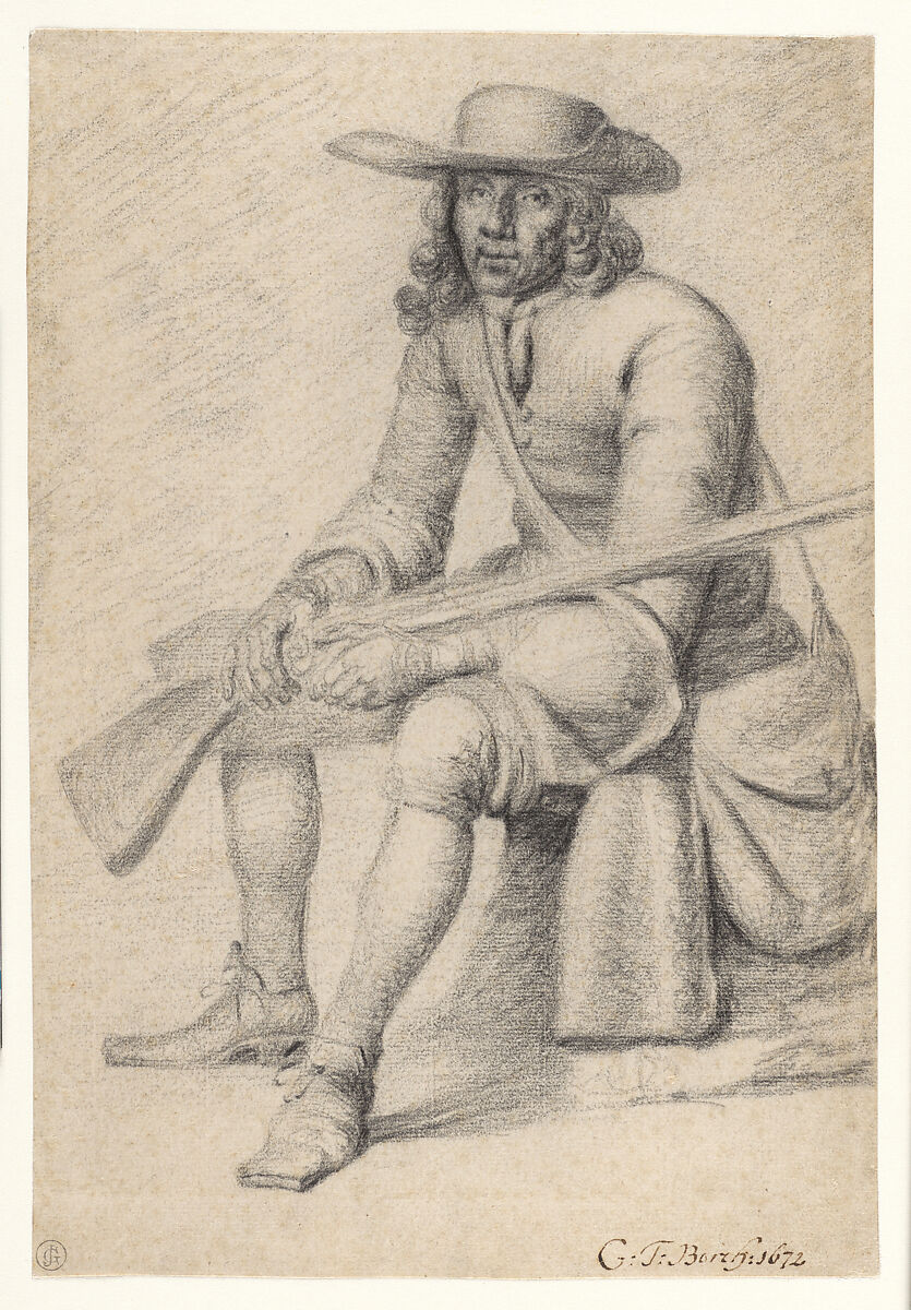 A Seated Huntsman, Gerard ter Borch the Younger (Dutch, Zwolle 1617–1681 Deventer), Black chalk 