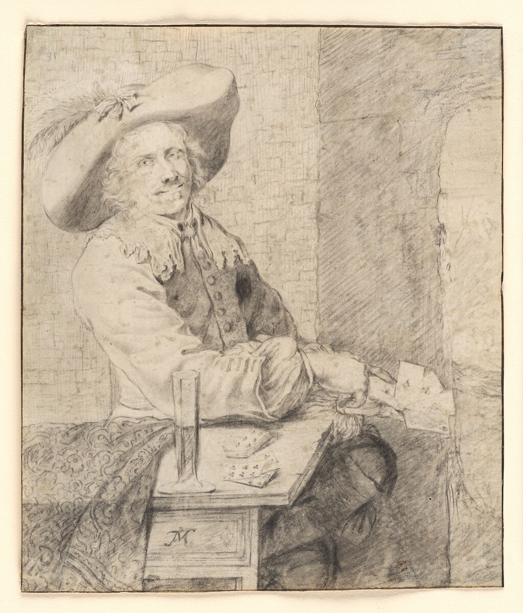The Cardplayer, copy after Frans van Mieris the Elder (Dutch, Leiden 1635–1681 Leiden), Black chalk, probably moistened in certain areas, and gray wash on vellum. 