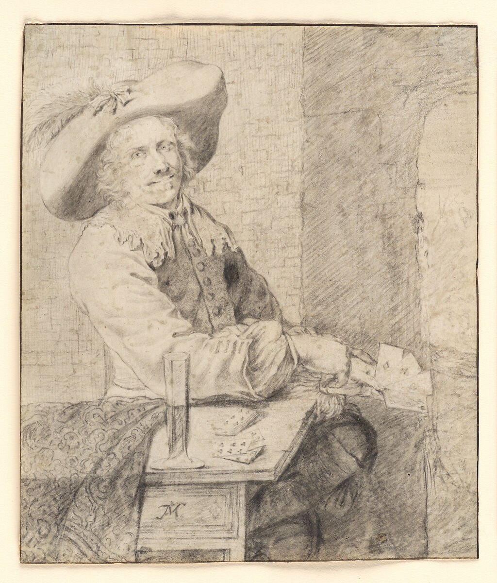 The Cardplayer, Frans van Mieris the Elder  Dutch, Black chalk, probably moistened in certain areas, and gray wash on vellum.