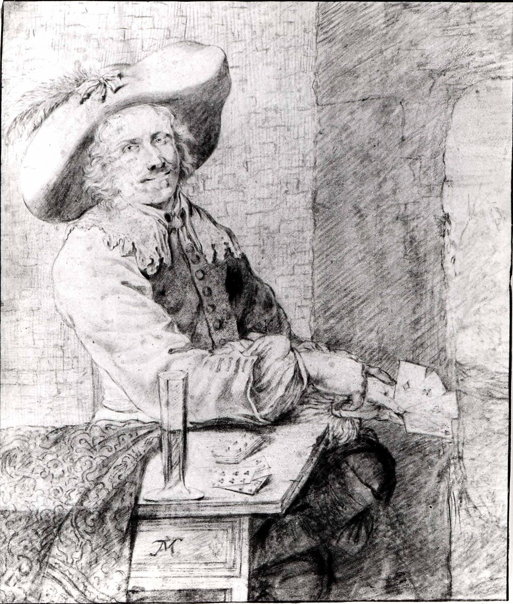 The Cardplayer, copy after Frans van Mieris the Elder (Dutch, Leiden 1635–1681 Leiden), Black chalk, probably moistened in certain areas, and gray wash on vellum.