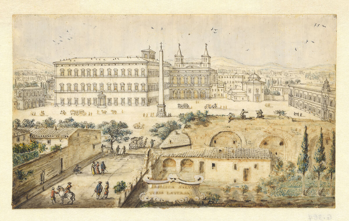 View of Lateran, Rome, Lievin Cruyl (Ghent 1634–Ghent 1720 (?)), Pen and brush and gray and brown ink, gray and brown washes, some watercolor and white gouache, on vellum. 